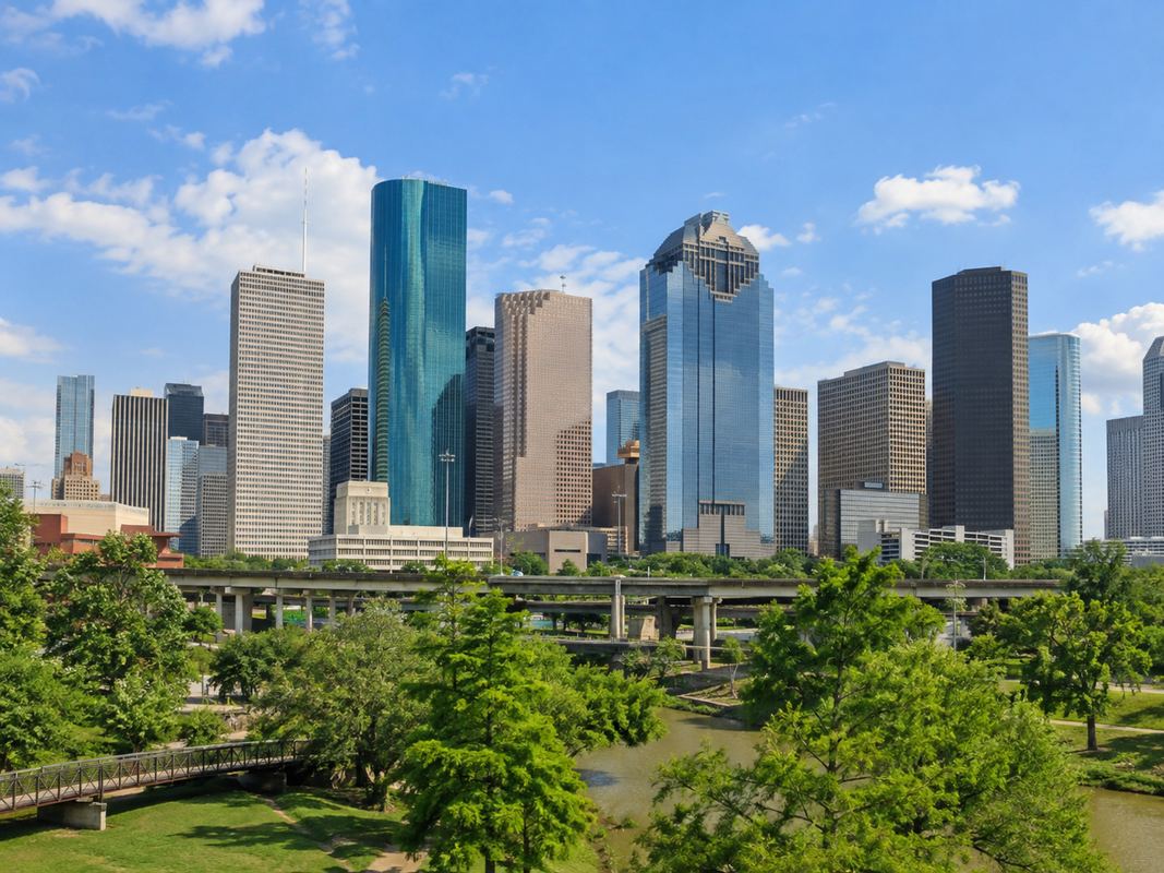 Downtown Houston skyline with high-rise buildings in Houston, Texas.