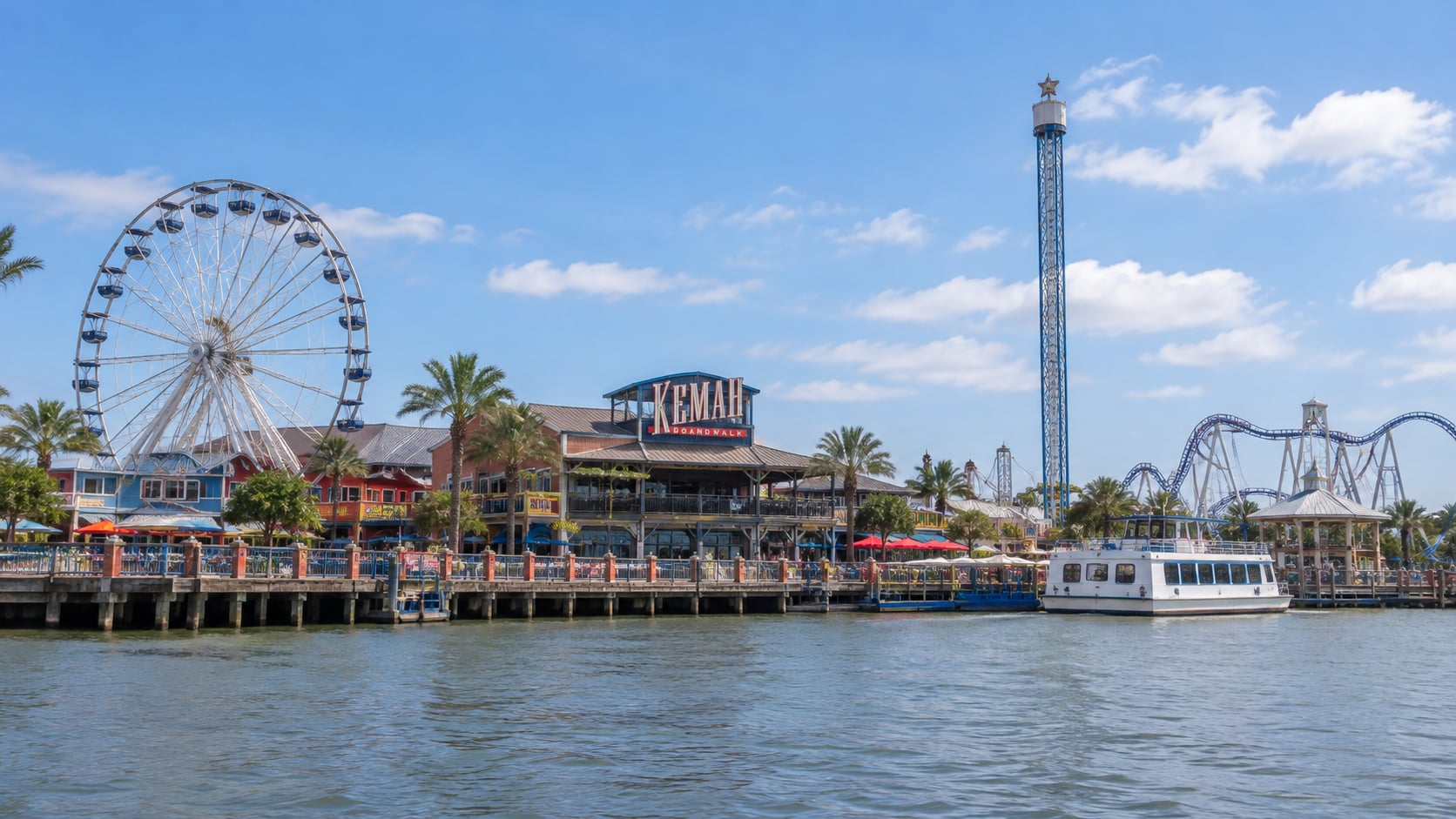 Kemah Boardwalk waterfront attractions in Kemah, Texas.