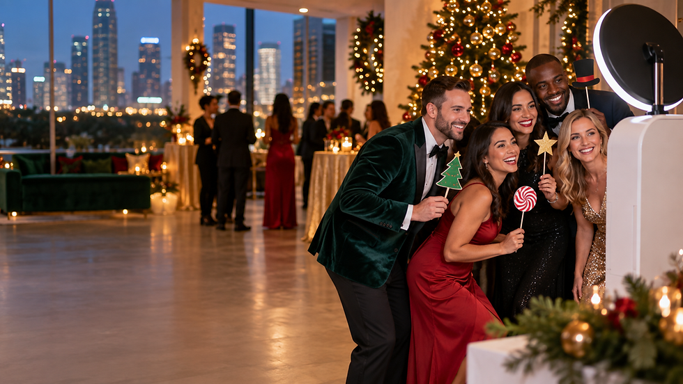 Guests posing at a holiday party Photo Booth in Houston with festive decor, Christmas trees, and a modern Photo Booth setup.