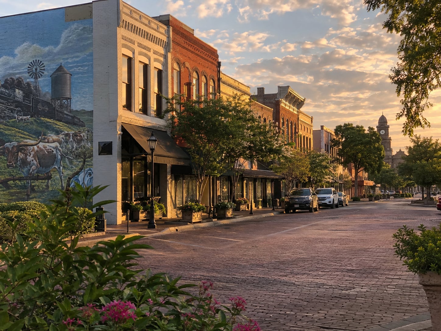 Historic downtown Rosenberg streetscape with brick buildings and local shops.