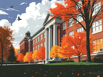 Popart image of an old academic building with large pillars surrounded by trees with orange and red leaves. Created by AI.