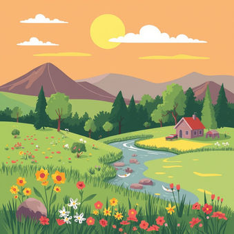 AI Generated image of a stream rushing towards a mountain landscape. Bright red and yellow flowers spot the grass. A small cottage and tent sit near the stream.