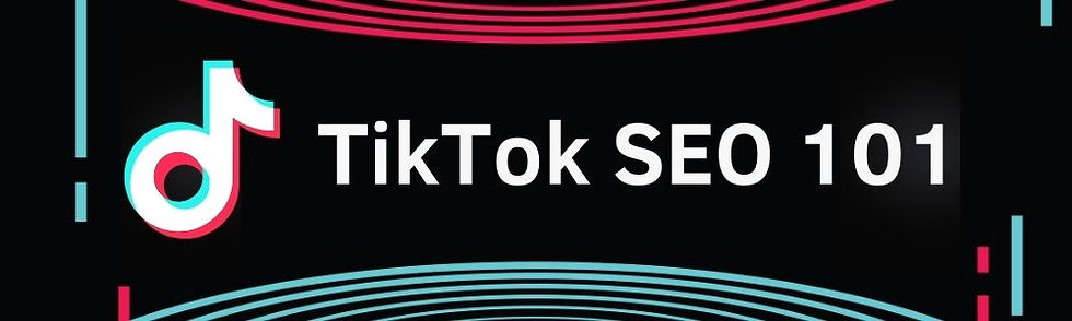 TikTok SEO 101 text with the TikTok logo. Black background, with red and blue curved lines. Bold, modern design.