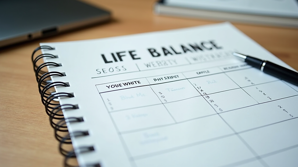 Eye-level view of a notebook with a life balance scorecard template and a pen