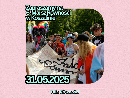 kolorowe i wesołe osoby idą w marszu równości niosąc wyhaftowaną chorągiew z napisem "fala równości"