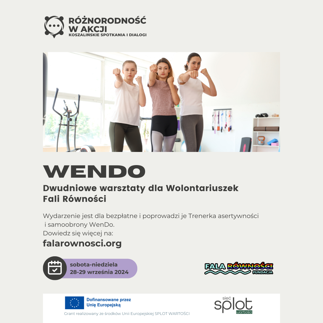 plakat ukazujący trzy młode kobiety w walecznej pozie, zapowiadający warsztaty samoobrony i asertywności WenDo