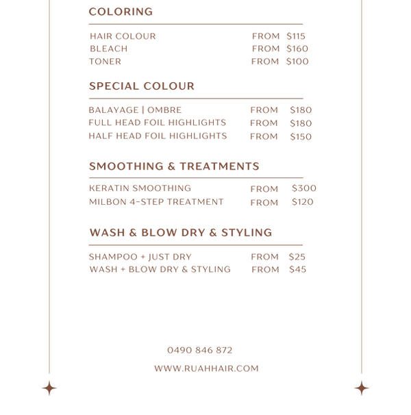Ruah hair price list