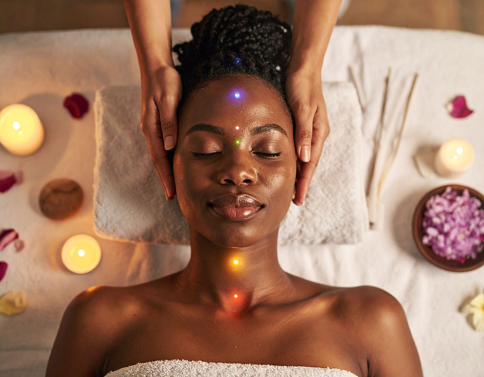Firefly_overhead shot of a black woman receiving a healing session in a spa setting and h