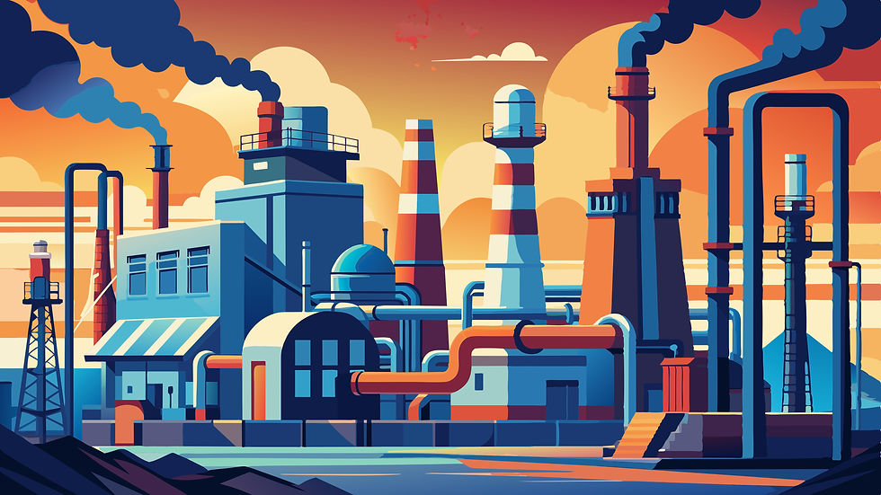 an animated working oil refinery with smoke billowing out