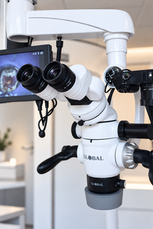 Microscope opératoire dentaire Global utilisé pour les soins endodontiques sous grossissement.