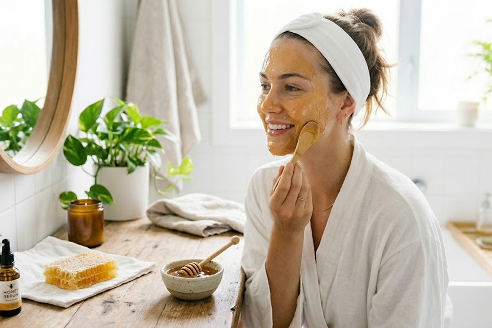 seorang wanita mengenakan jubah putih mengaplikasikan masker wajah madu dengan kuas di kamar mandi yang terang, dikelilingi tanaman dan produk madu di atas meja. masker madu untuk melembabkan kulit