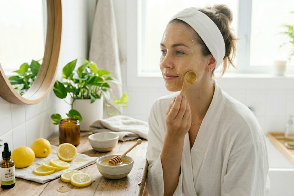 seorang wanita mengaplikasikan masker wajah menggunakan sendok kayu di kamar mandi, dengan lemon dan madu di atas meja serta tanaman di latar belakang. suasananya tenang. lemon kurangi kusam