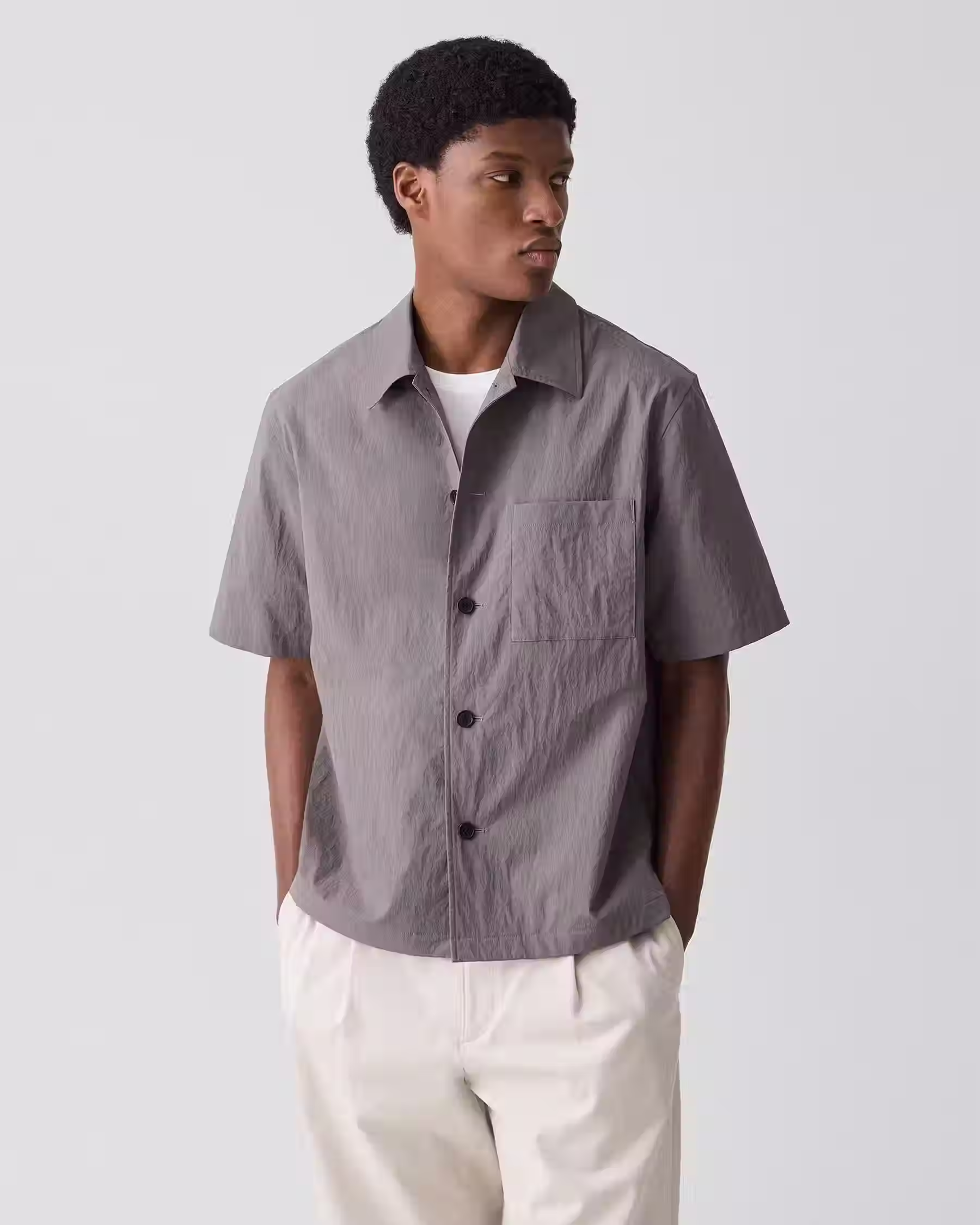 Short-Sleeve Overshirt in Textured Nylon