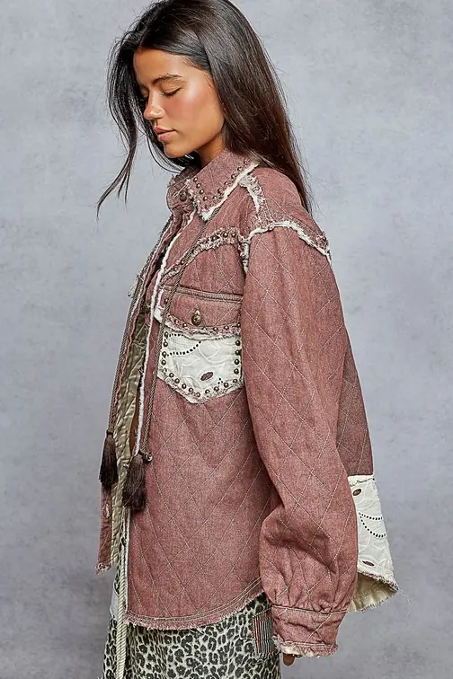 Thumbnail: Side view of the jacket highlighting the white crochet detail on the pocket.