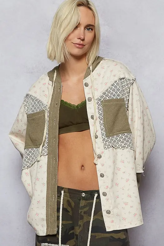 Thumbnail: Balloon Sleeve Frayed Edge Hoodie Jacket in cream with natural green patchwork pockets, worn open with a black crop top.