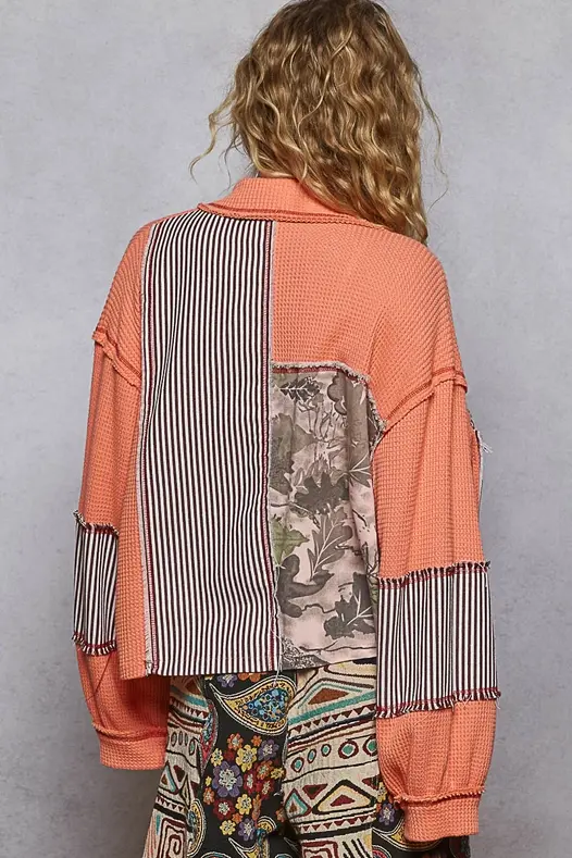 Thumbnail: Balloon Sleeve Thermal Edge Detail Collar Jacket in coral with vertical black-and-white patchwork accents from the back.
