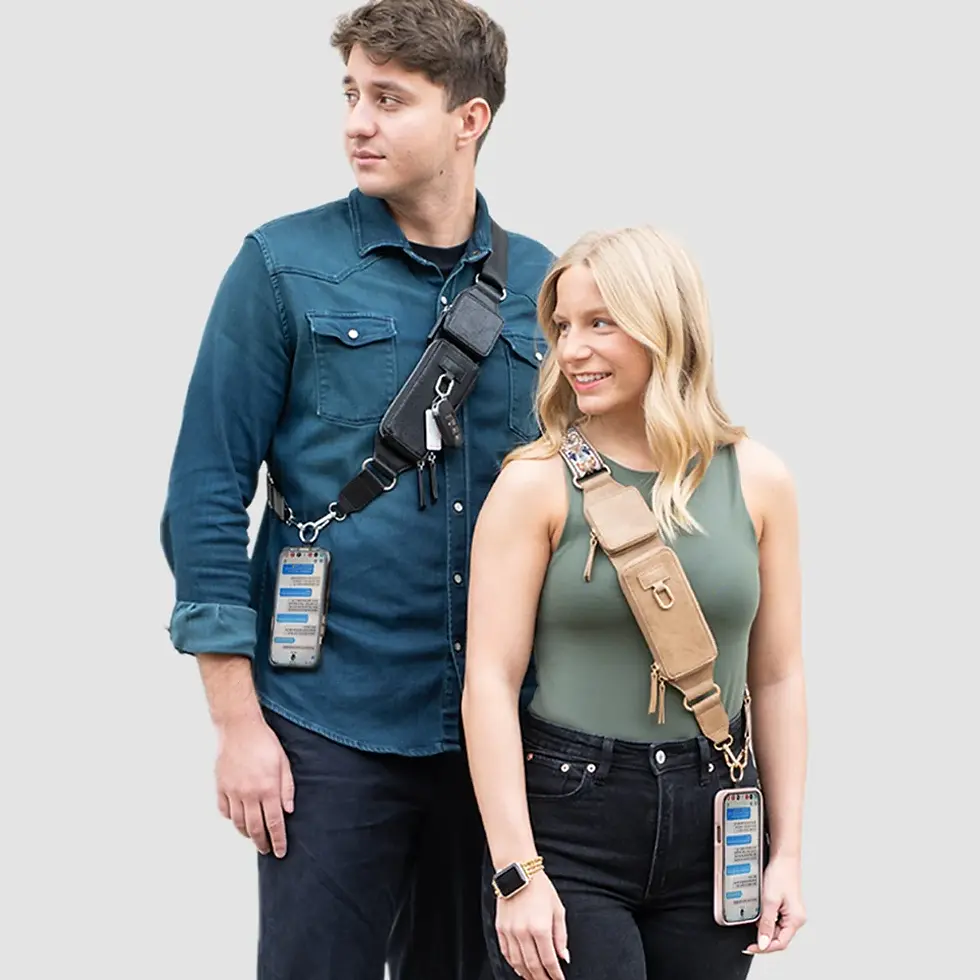 Thumbnail: Male in a jean shirt and female in a green tank, both wearing the Zip & Clip Strap.
