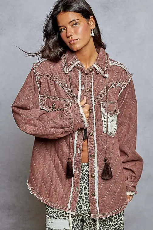 Model wearing the Long Sleeve Western-Inspired Yoke Studded Lace Panel Jacket in Red Bean, fully closed.
