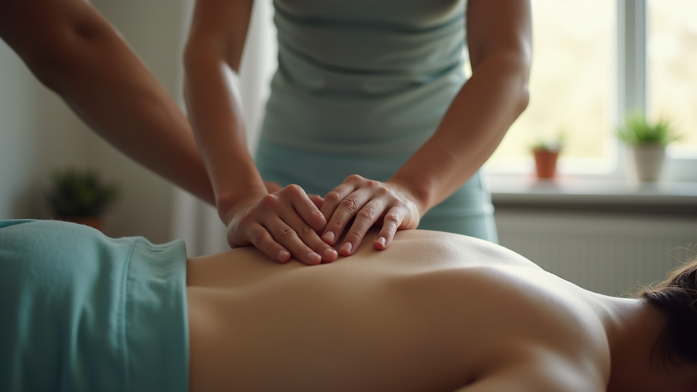 Eye-level view of a therapist applying myofascial release on a patient's back