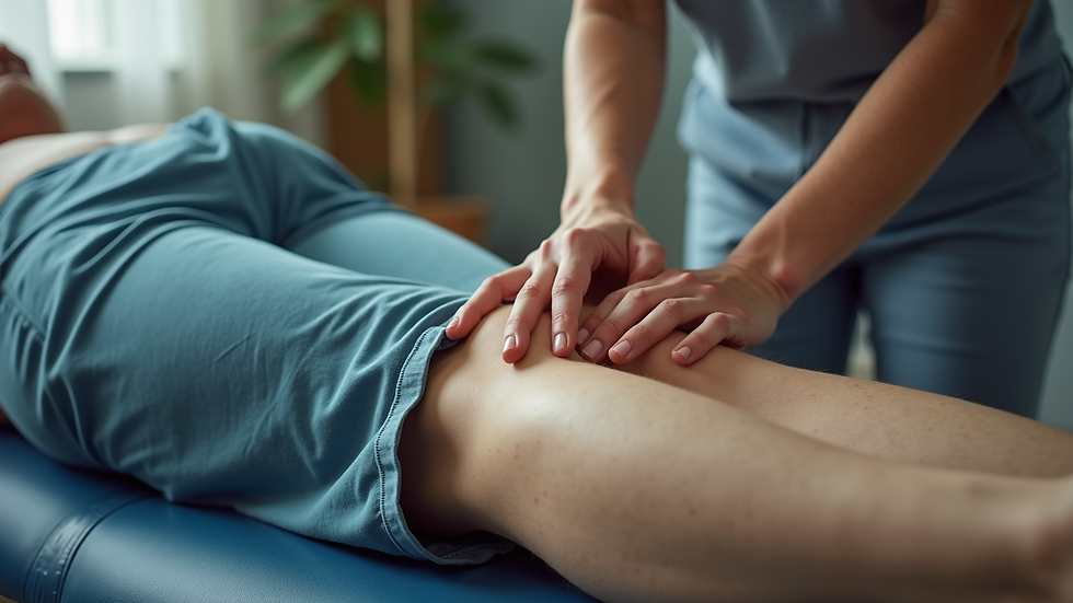 High angle view of a physical therapist performing myofascial release on a patient's leg