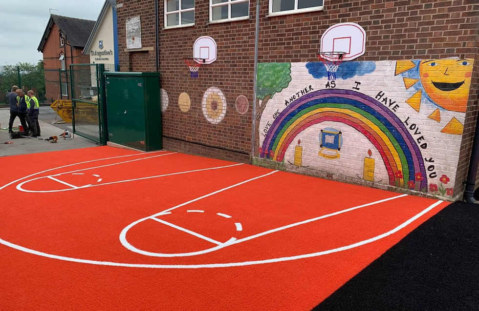 Red artificial grass basketball key with basketball hoop 