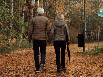 Pareja de personas mayores dando un paseo por el campo