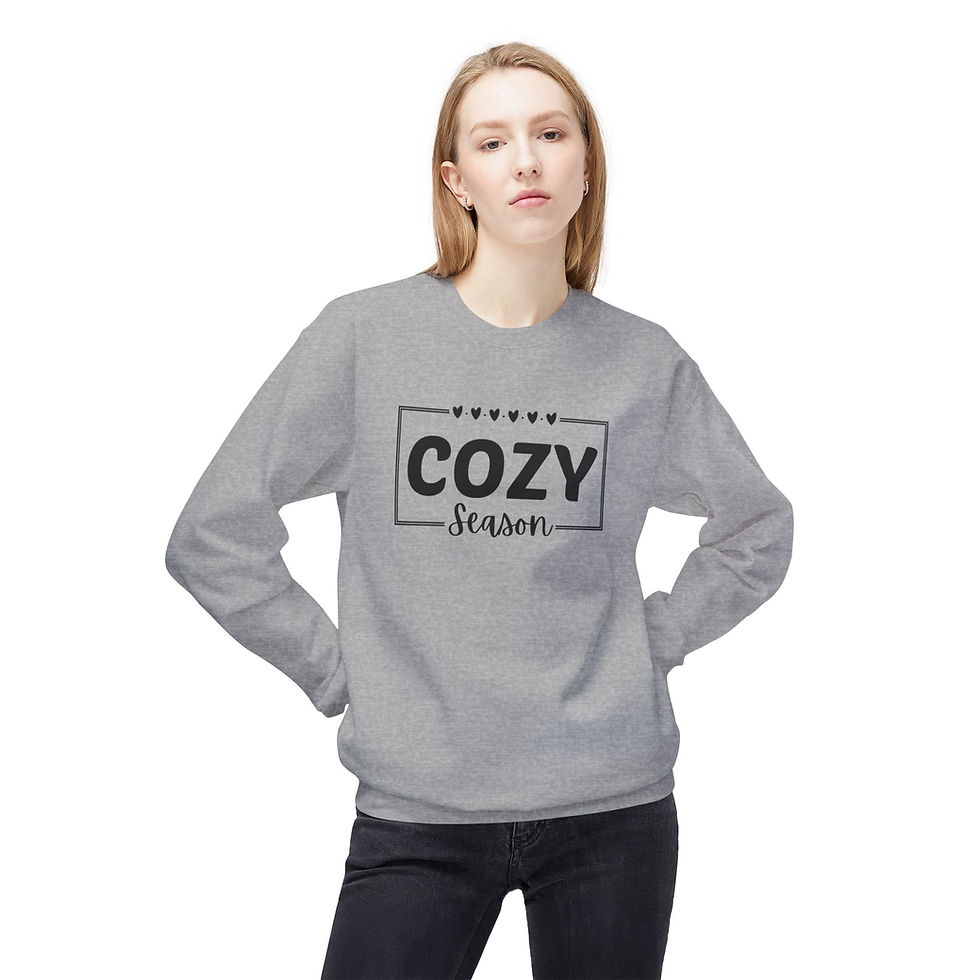 Cozy Season Crewneck Sweatshirt grey front on girl