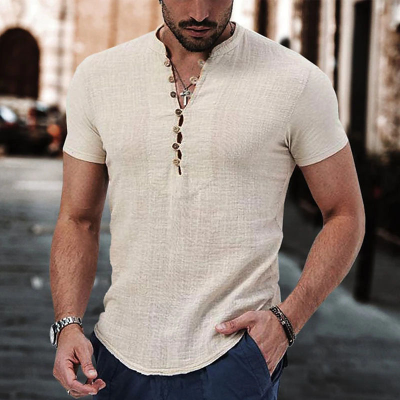 Miniaturebillede: New Men's Short Sleeve Tshirt v Neck Button Cotton Linen Shirt Men's Casual