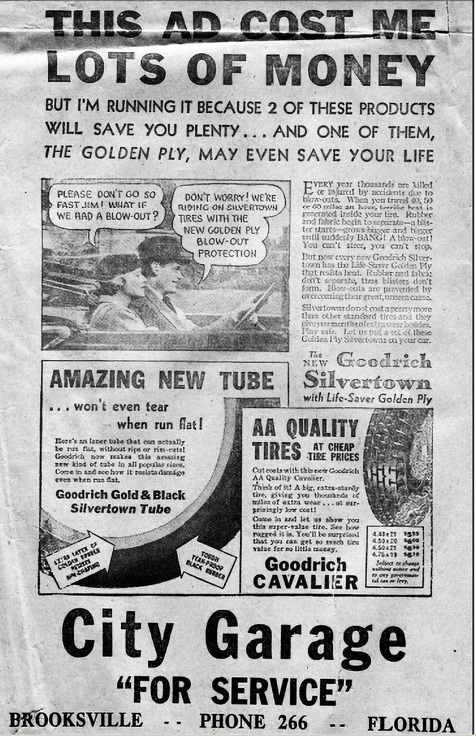 1934 City Garage ad. Blowouts were common in early cars. City Garage was on West Broad Street.