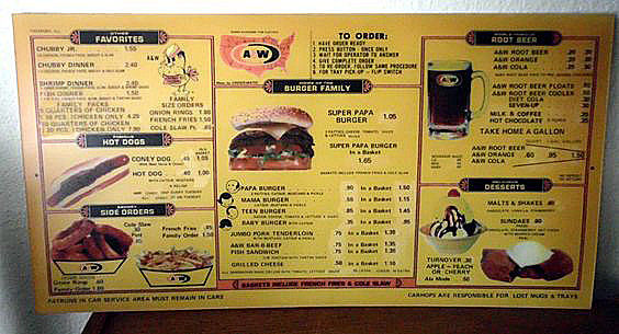 1968 A&W menu. The A&W was Brooksville's first franchise in 1966 and was a popular drive-in restaurant with teens crusin' the city. It featured Papa, Mama, Teen and Baby Burgers.