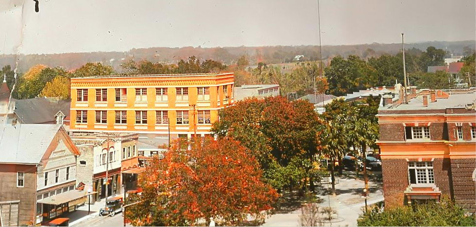 A 1925 bird's eye view shows The Victory Theatre on Main Street (center building left). The three-story building was the Tamiami Cafe (now Main Street Eatery) on Jefferson Street. The third floor would burn down in 1928. The Victory would move to E. Broad Street in late 1926. The building is still there.