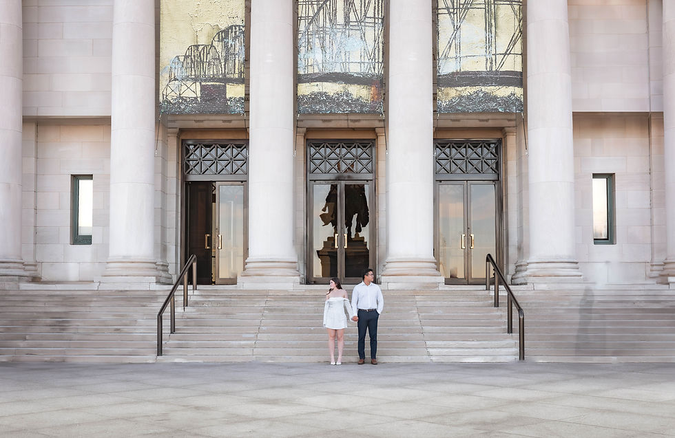 Eye-level view of the St Louis Museum of Art facade at sunset