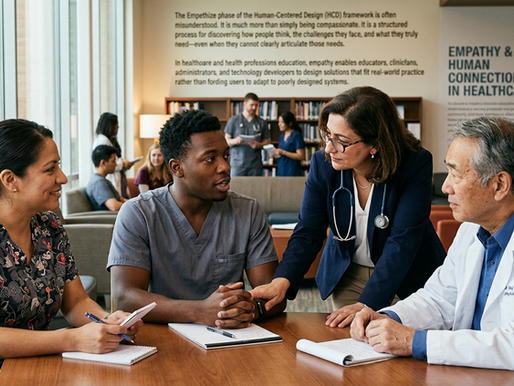 Compassionate healthcare scene showing medical professionals listening and understanding patients or students, empathy in action, diverse group of doctors and educators in thoughtful discussion, warm natural lighting, human connection and understandi