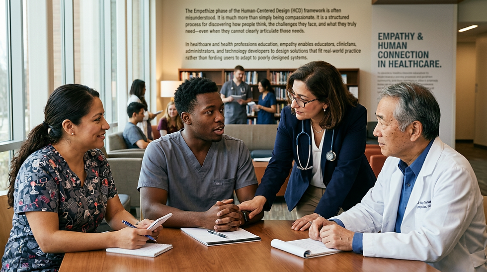 Compassionate healthcare scene showing medical professionals listening and understanding patients or students, empathy in action, diverse group of doctors and educators in thoughtful discussion, warm natural lighting, human connection and understandi