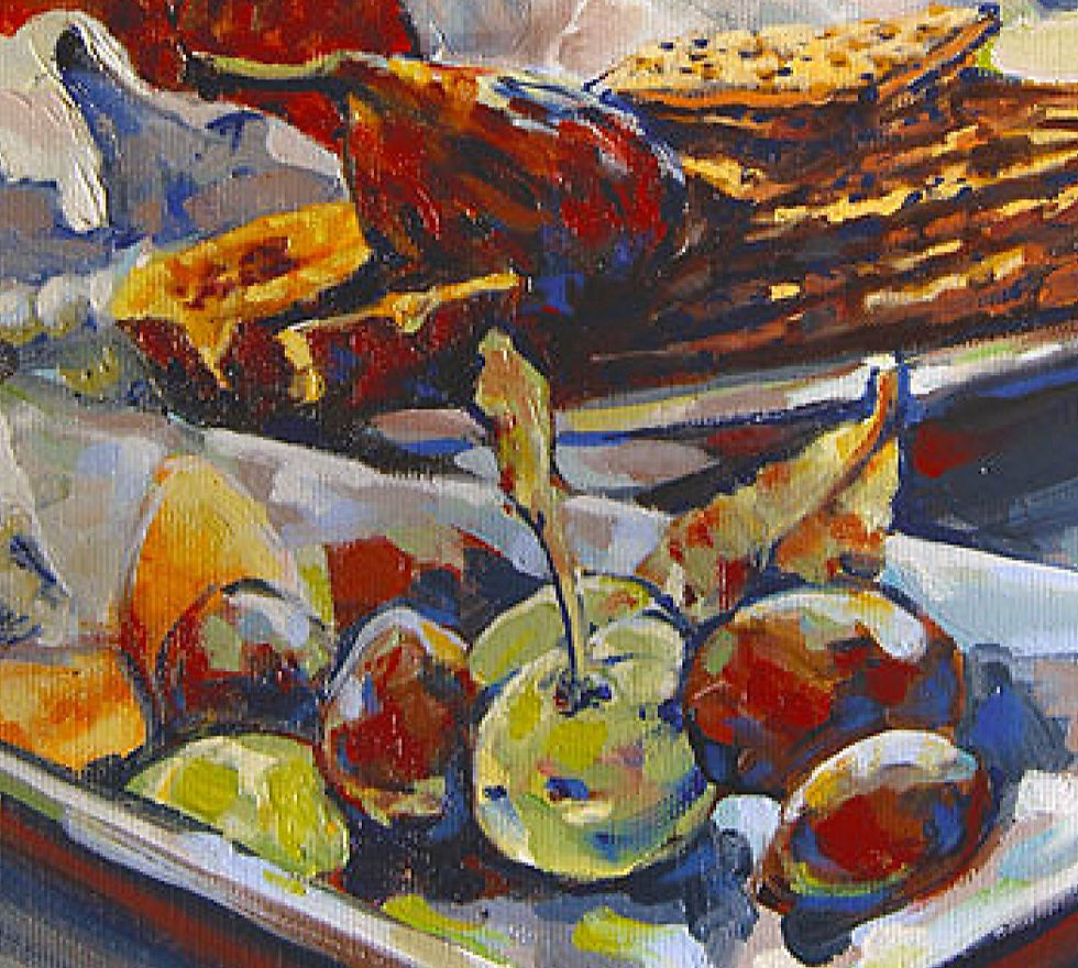Close-up view of the fig and crust painting highlighting texture and color