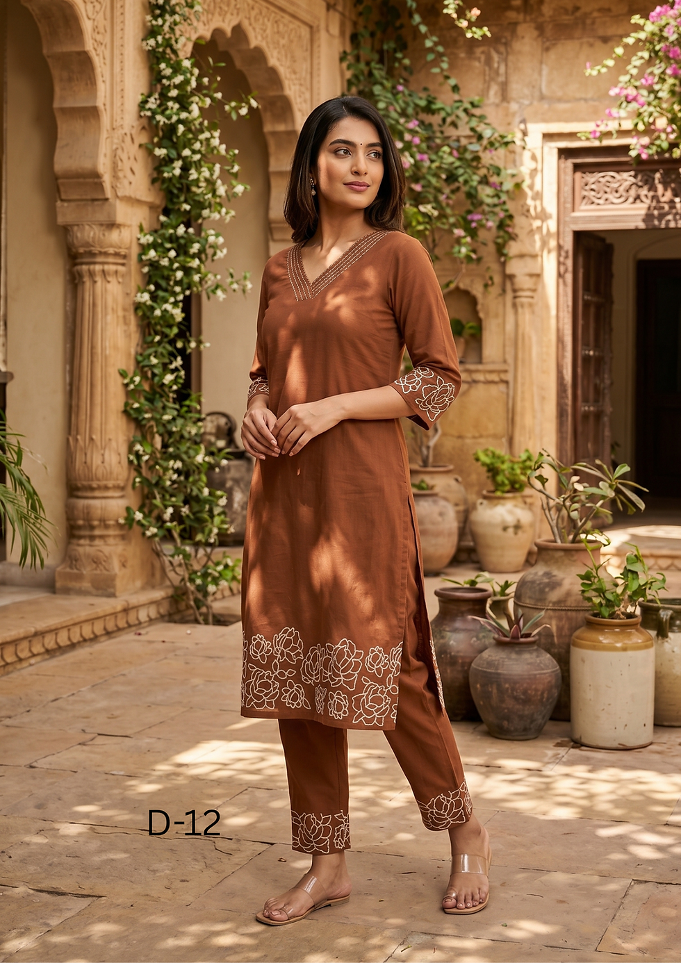 Thumbnail: Floral Outline Embroidered Kurta and Straight Pant Set