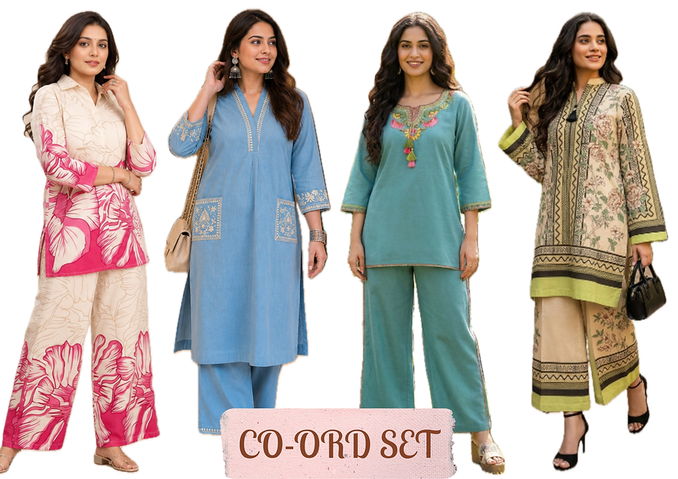 Women's ethnic wear co-ord sets in various styles.