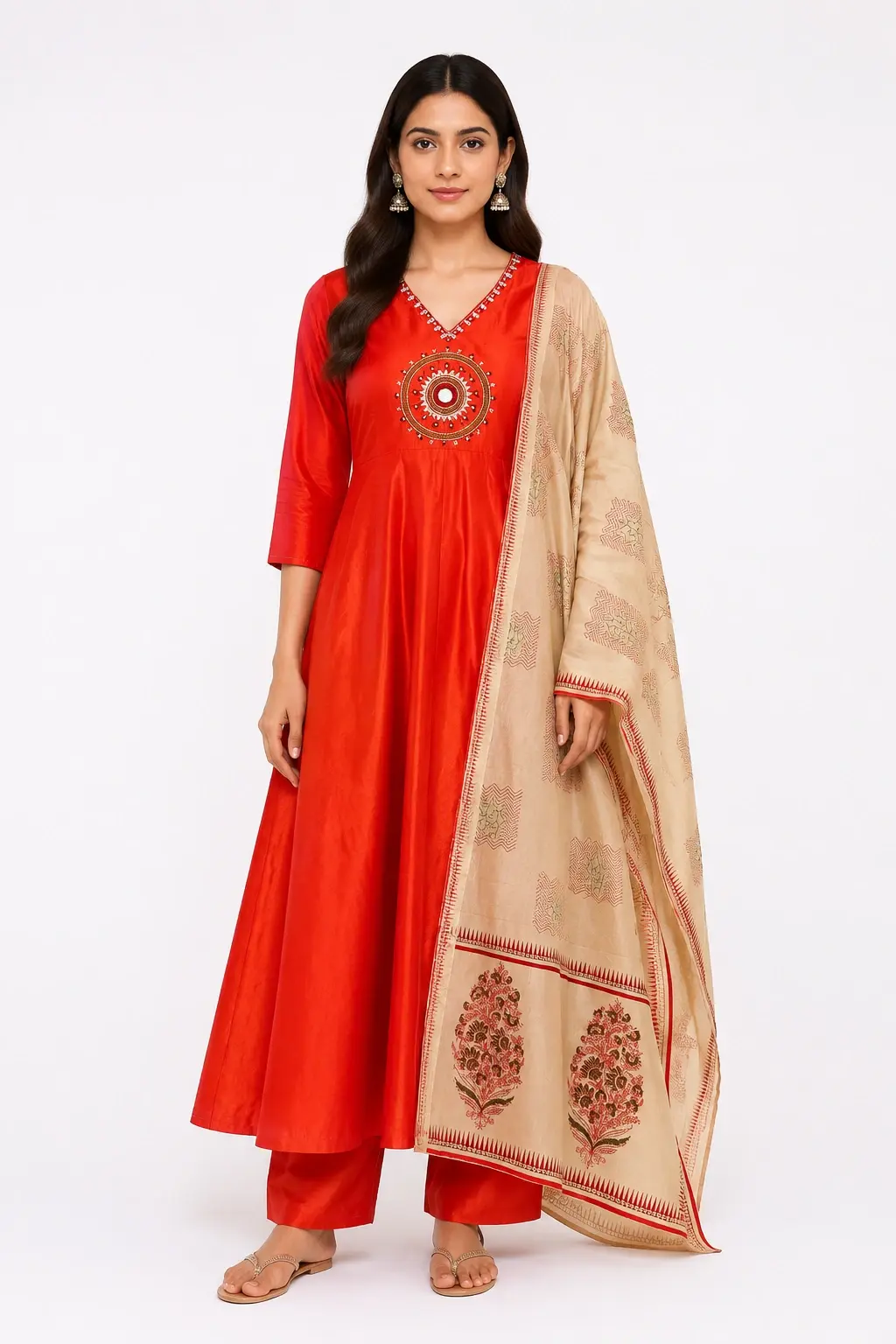 # Women Orange A-Line Kurta Set with Beige Printed Dupatta