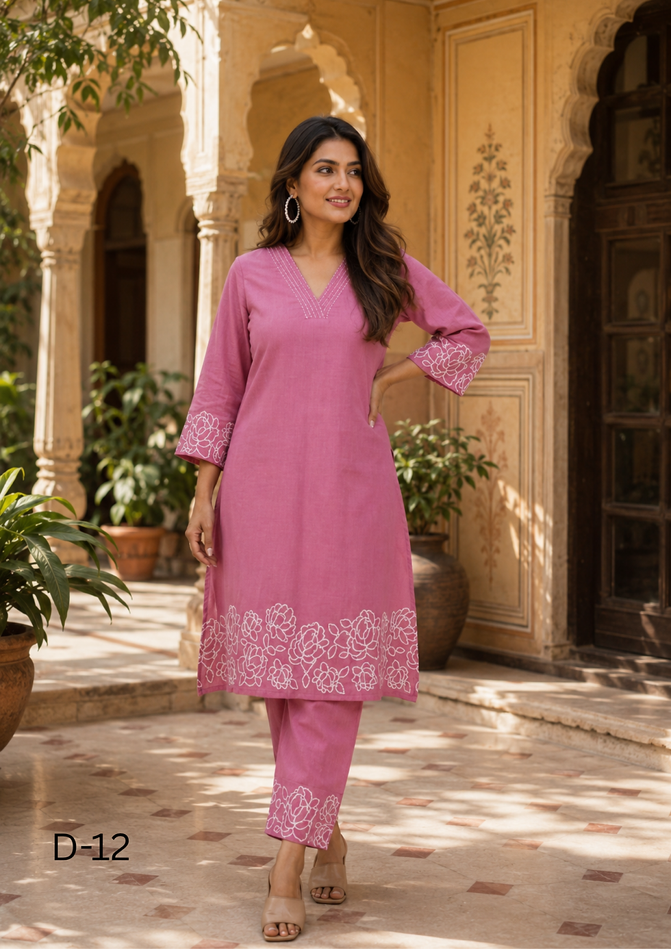 Thumbnail: Floral Outline Embroidered Kurta and Straight Pant Set