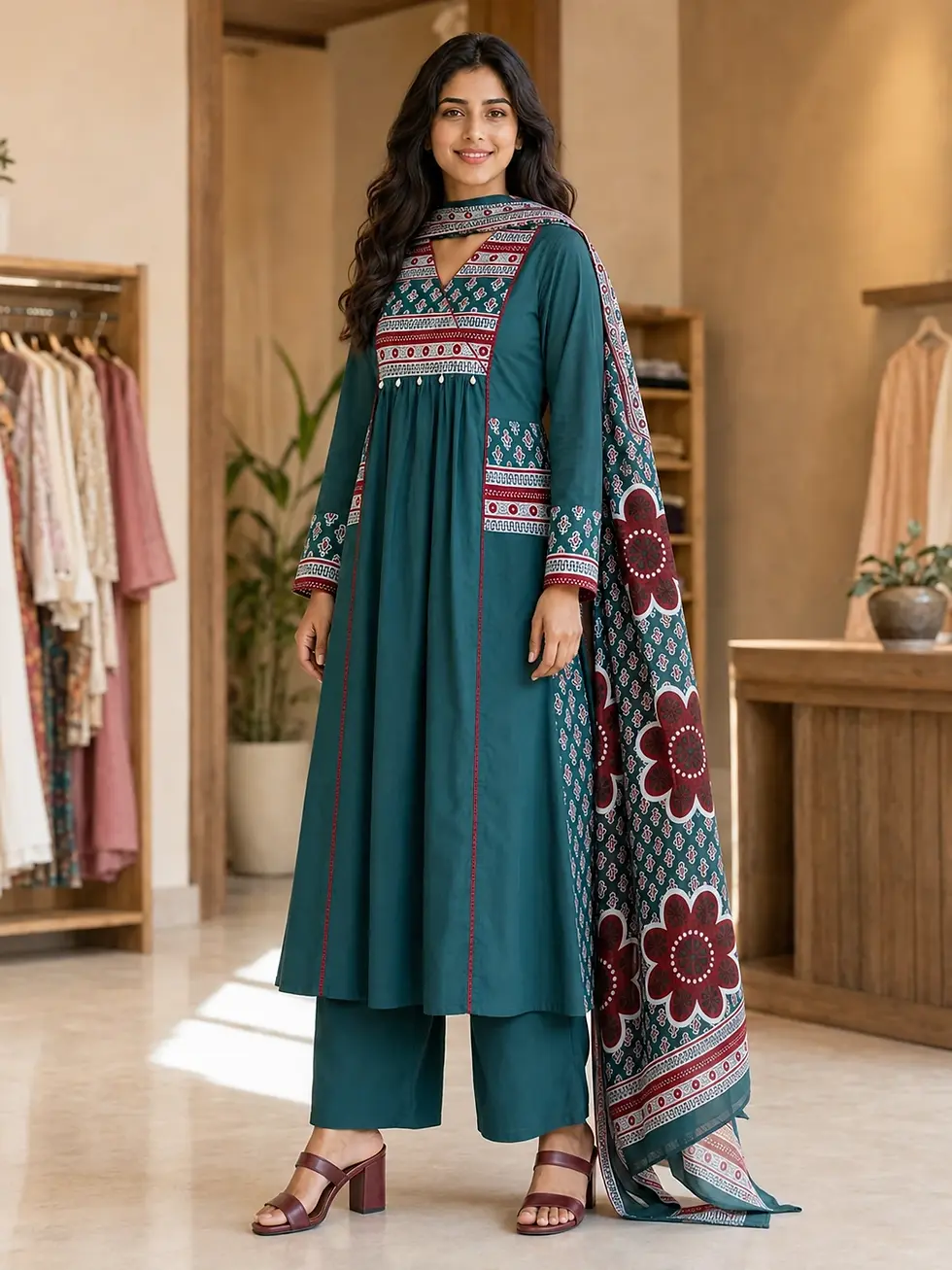 Thumbnail: Women’s Printed A-Line Kurta Set with Palazzo & Dupatta | 3 Color Options