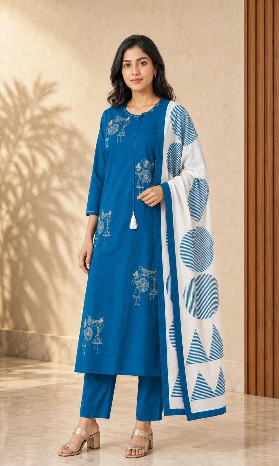 Thumbnail: Women Kantha Work Embroidered Straight Kurta Set with Printed Dupatta