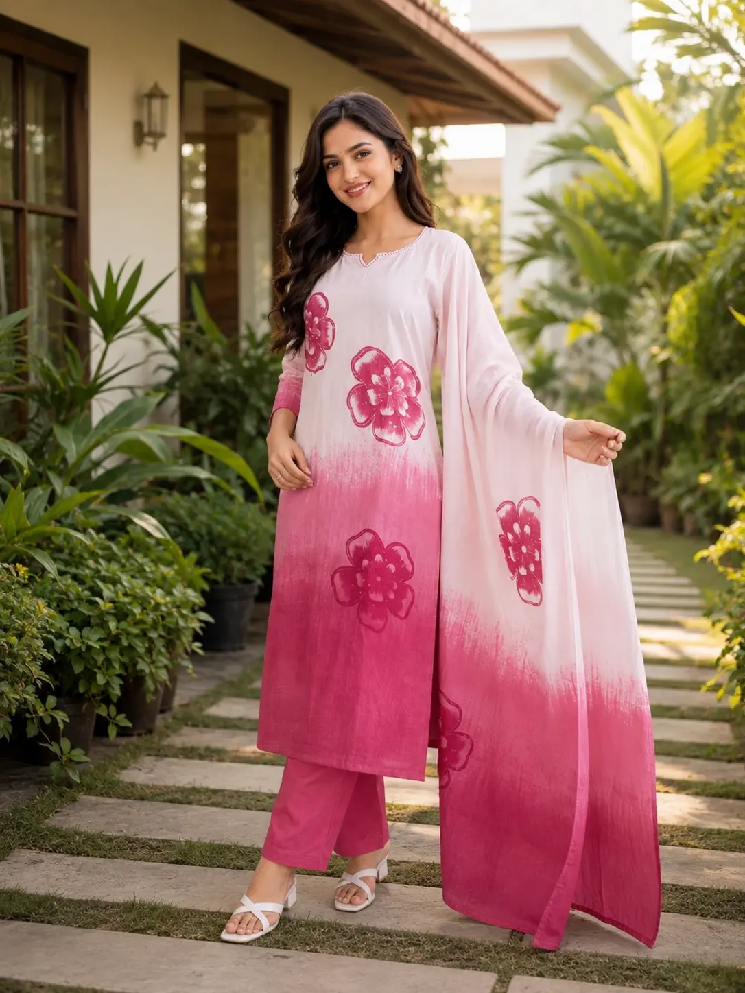 Women Pink Floral Tie-Dye Printed Straight Kurta Set with Dupatta