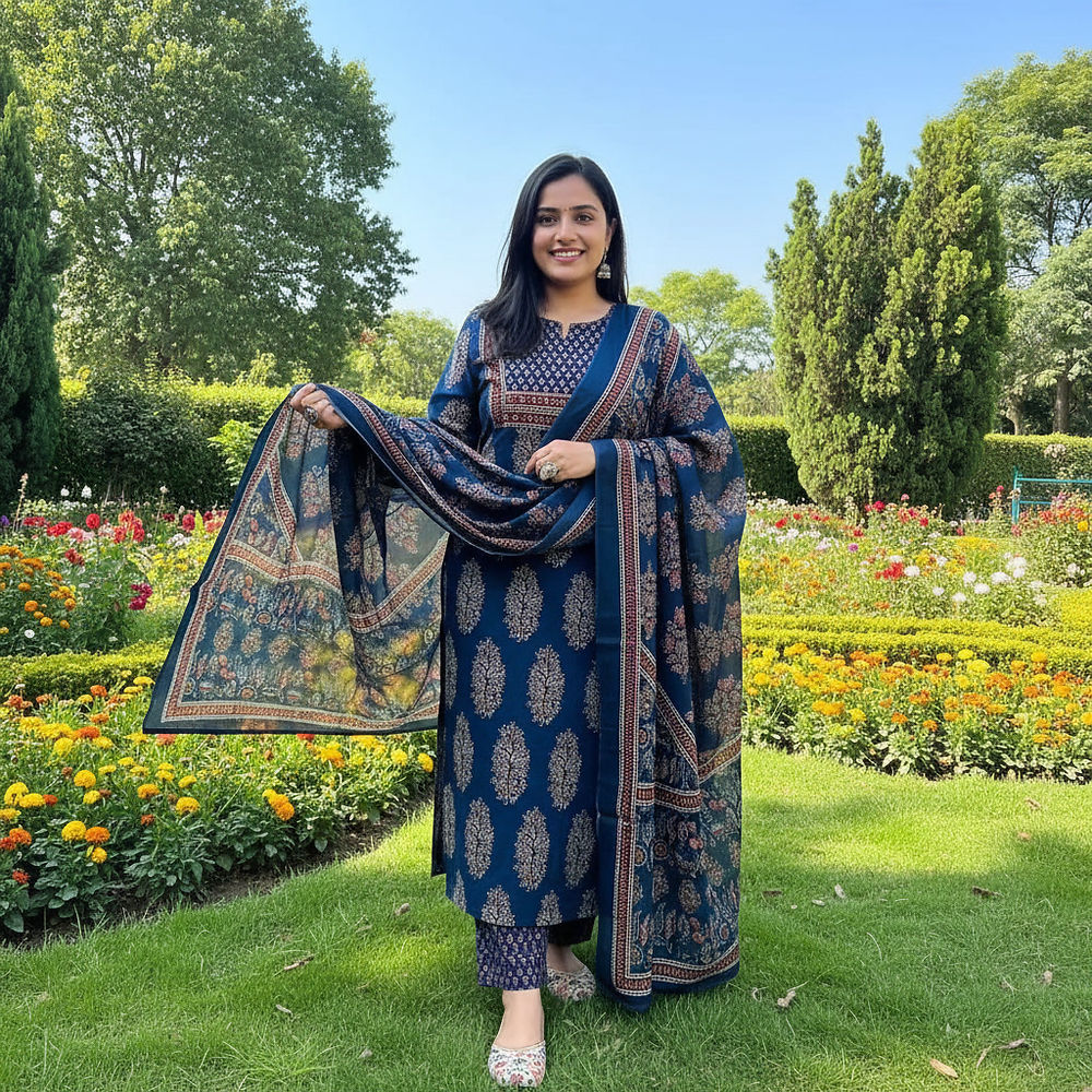 Smiling woman in blue ethnic wholesale kurti co-ord set with dupatta