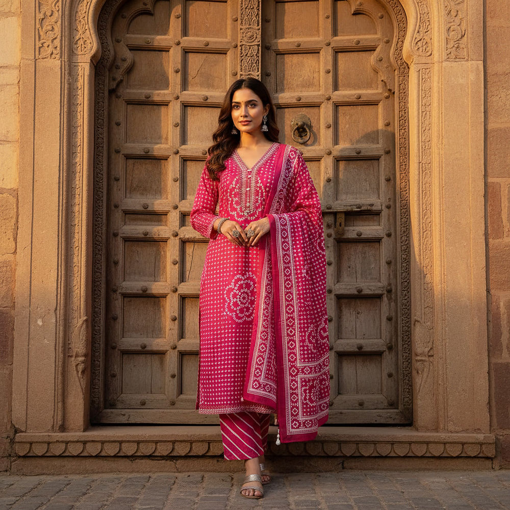 Woman in pink ethnic kurti co-ord set with dupatta