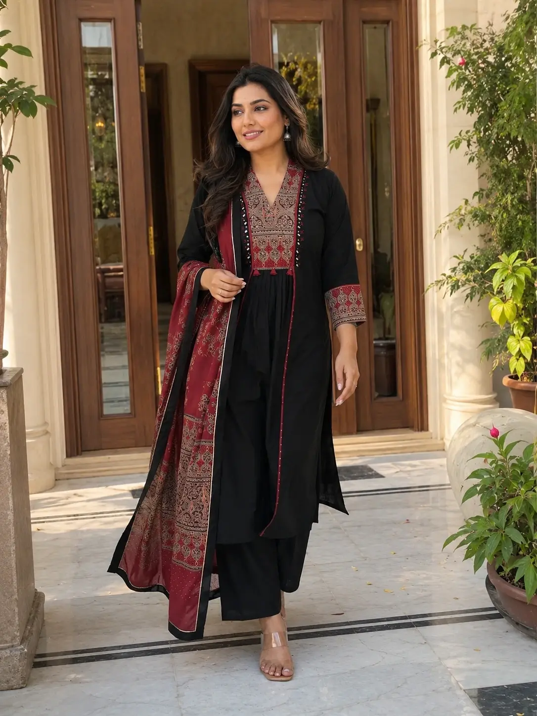 Women’s Black Printed A-Line Kurta Set with Palazzo & Dupatta