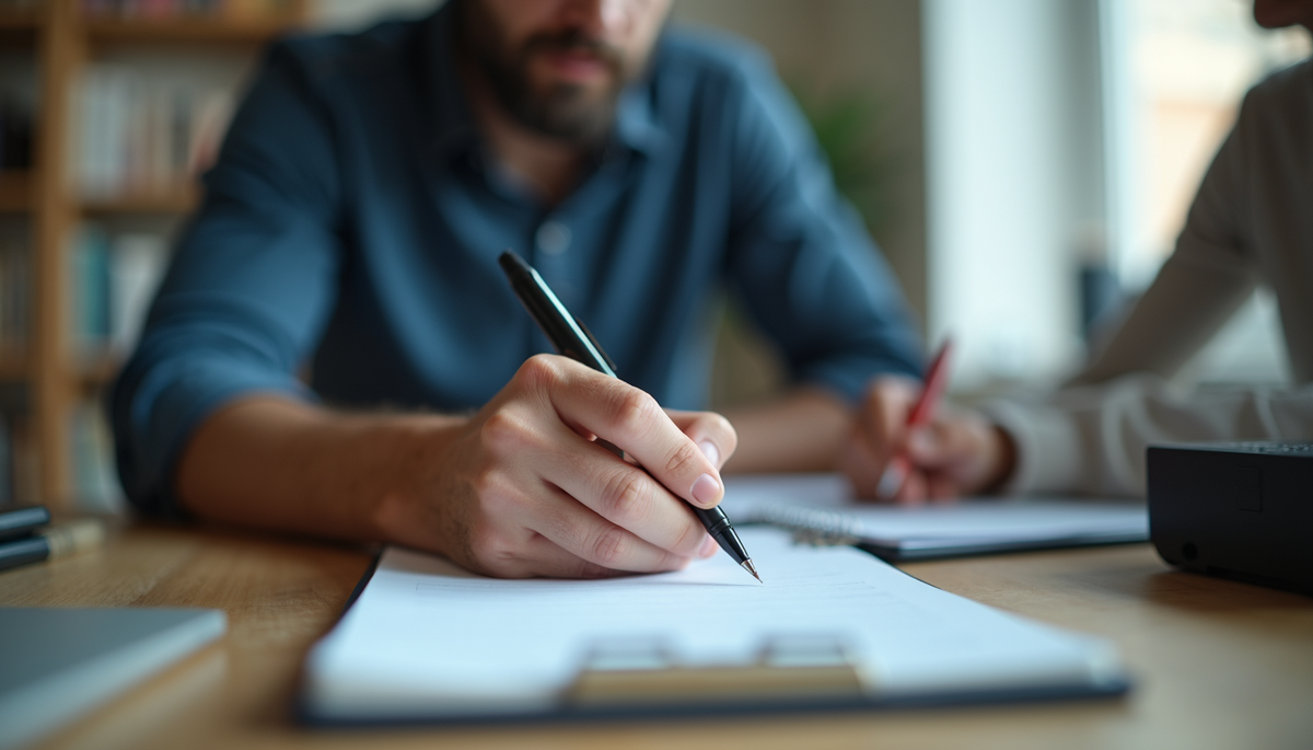 Eye-level view of a father coaching session with a notebook and pen