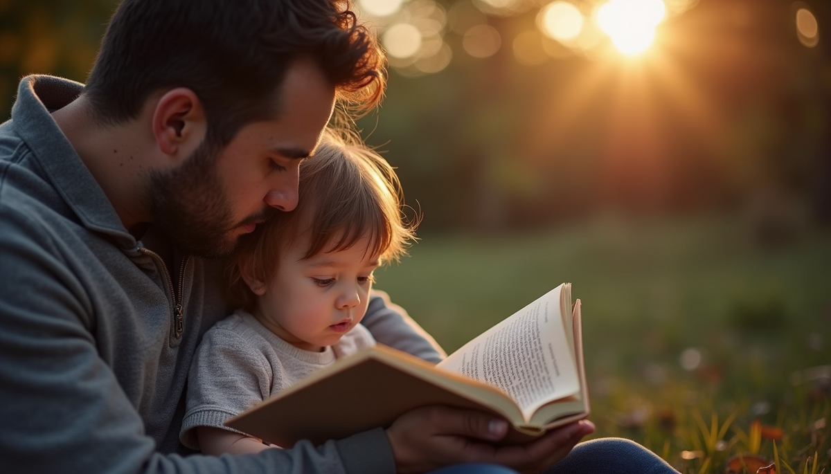 Eye-level view of a father reading a story to his child