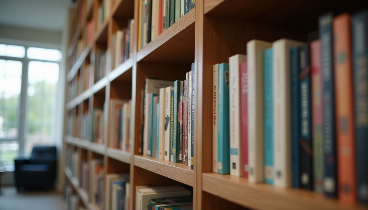 High angle view of a bookshelf filled with parenting books