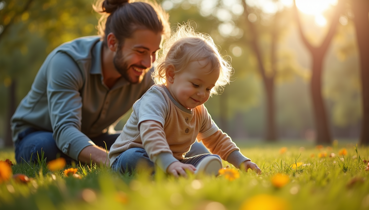 Close-up view of a father and child playing together in a park