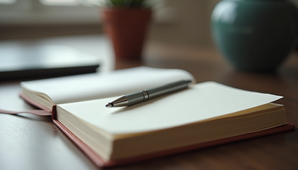 Close-up of a notebook and pen open on a table
